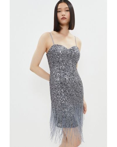 Coast Sequin Bustier Dress With Beaded Fringe - Grey