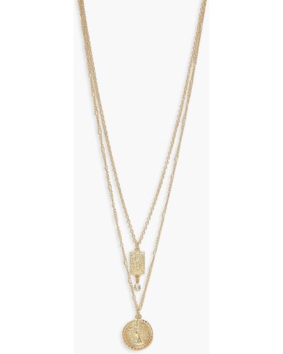 Boohoo Coin And Diamante Drop Layered Necklace - White