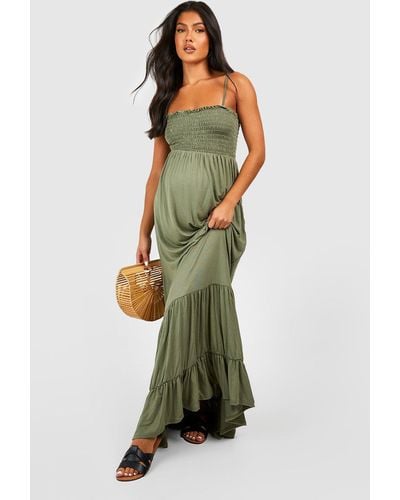 Boohoo Maternity Shirred Strappy Tiered Maxi Dress - Green