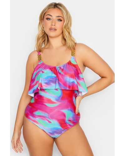 Yours Swirl Print Frill Chain Swimsuit - Red