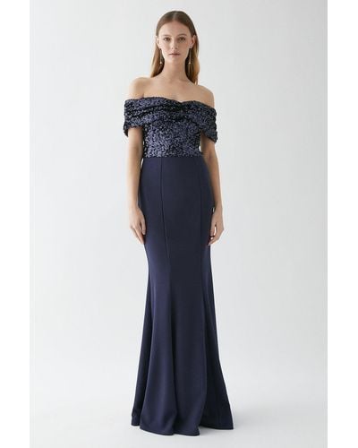 Coast Sequin Top Stretch Crepe Bodycon Bridesmaid Maxi Dress - Blue