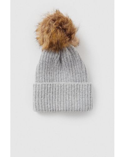 Oasis Pom Pom Ribbed Beanie - Grey