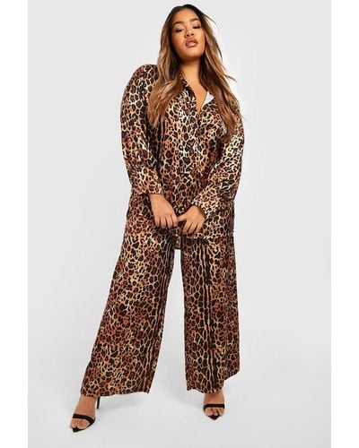 Boohoo Plus Satin Leopard Print Two-piece Trousers - Brown