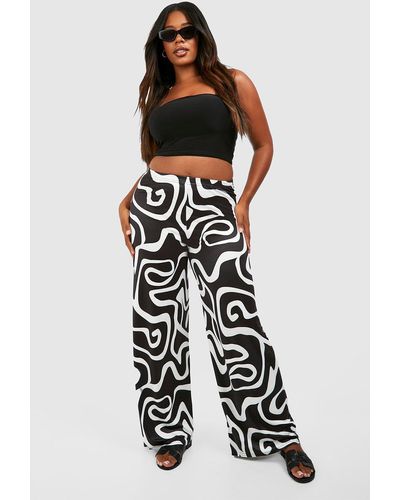 Boohoo Plus Abstract Print Jersey Knit Flare Trousers - White
