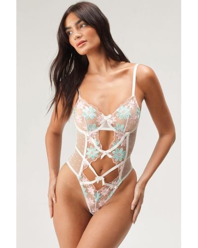 Nasty Gal Floral Embroidered Scallop Bow Trim Cut Out Lingerie Bodysuit - Pink