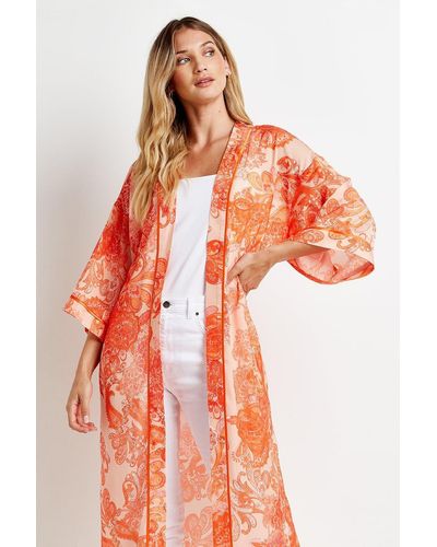 Wallis Orange Large Paisley Satin Kimono - Red