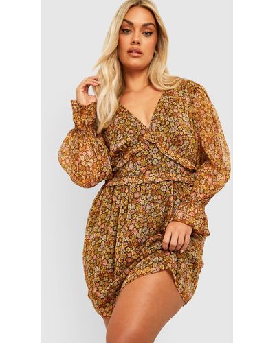 Boohoo Plus Retro Floral Chiffon Smock Dress - Brown