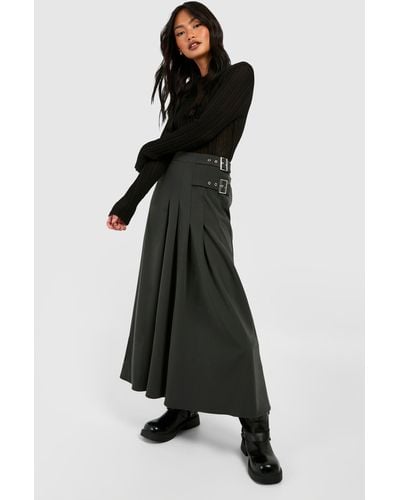 Boohoo Belt Detail Midi Kilt Skirt - Black