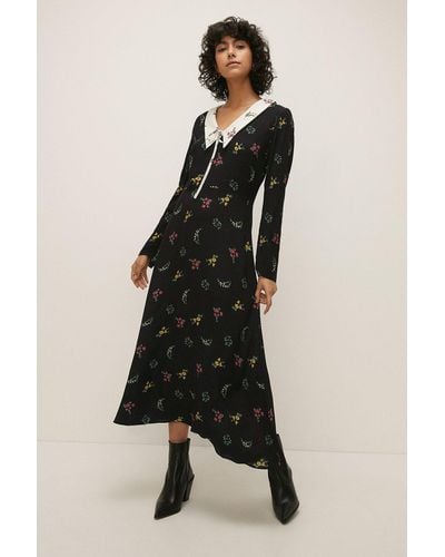 Oasis Tie Collar Floral Printed Midi Dress - Black