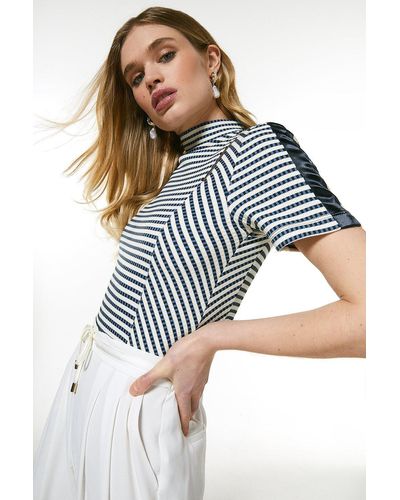 Karen Millen Stripe Jersey Rib Zip Funnel Neck Top - Blue