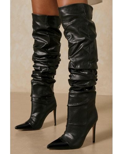 MissPap Leather Look Pointed Ruched Knee Length Heeled Boot - Black