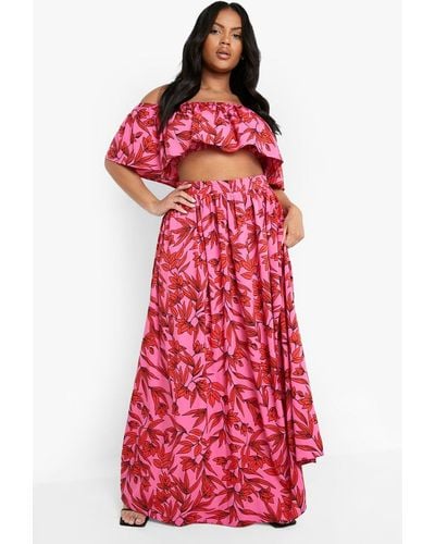 Boohoo Plus Printed Off Shoulder Maxi Skirt Co-ord - Red