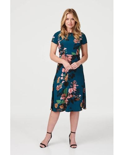 Izabel London Floral Round Neck Tea Dress - Blue