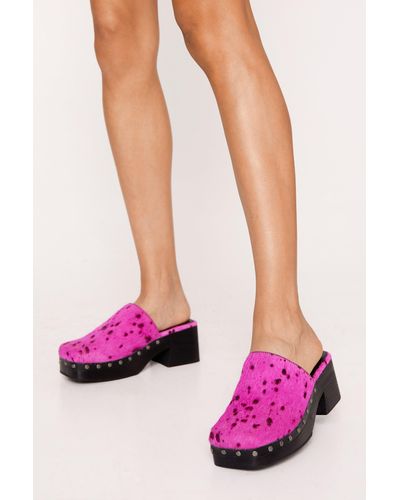 Nasty Gal Hair On Studded Square Toe Clogs - Pink