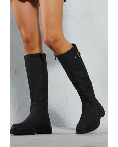MissPap Knee High Buckle Detail Boots - Black