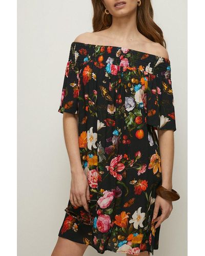 Oasis Painted Floral Shirred Bardot Mini Dress - Black