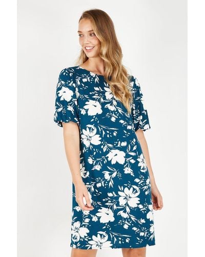 Wallis Teal Floral Puff Sleeve Shift Dress - Blue