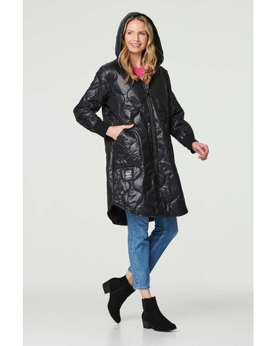 Izabel London Hooded Zip Front Puffer Coat - Black