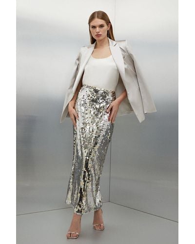 Karen Millen Silver Sequin Midaxi Woven Skirt - Grey