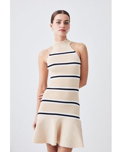 Karen Millen Petite Knitted Rib Peplum Hem Stripe Mini Dress - White
