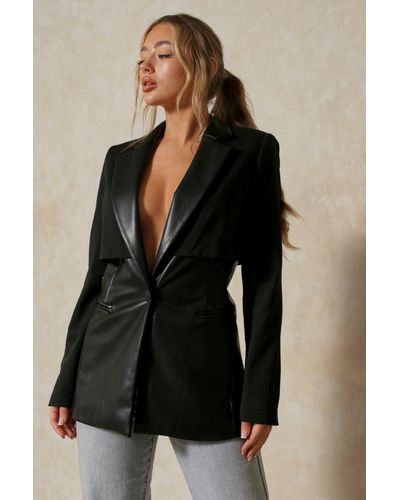 MissPap Leather Look Spliced Blazer - Black