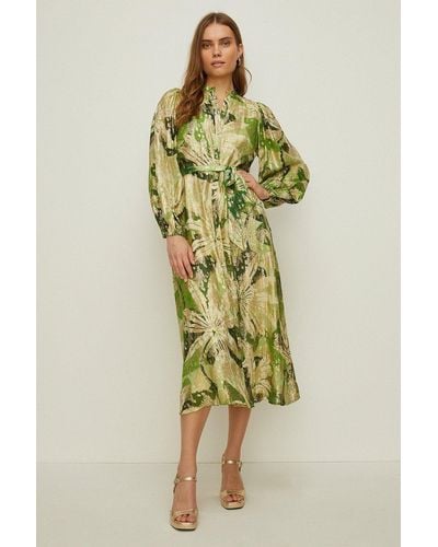 Oasis Rachel Stevens Palm Printed Metallic Dress - Green