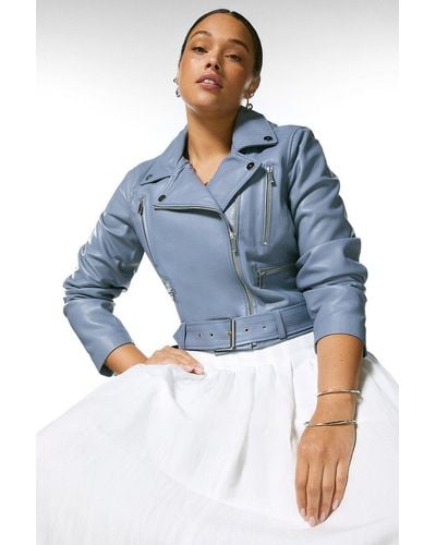 Karen Millen Plus Size Leather Belted Crop Jacket - Blue
