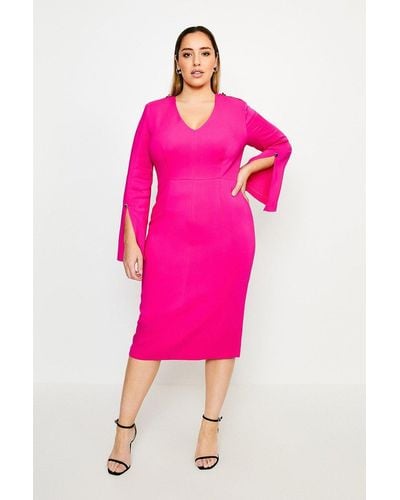 Karen Millen Plus Size Long Sleeve Deep V Neck Pencil Dress - Pink