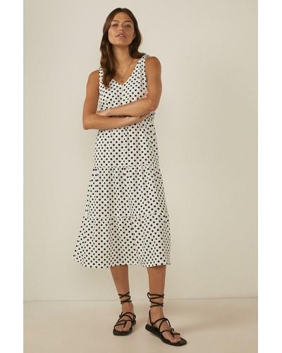 Oasis Polka Dot Textured Tie Shoulder Midi Dress - Natural