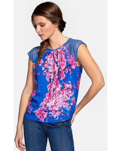 Hot Squash Chiffon Top With Lace Sleeve - Blue