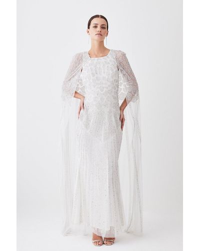 Karen Millen Petite Premium Embellished Caped Woven Maxi Dress - White