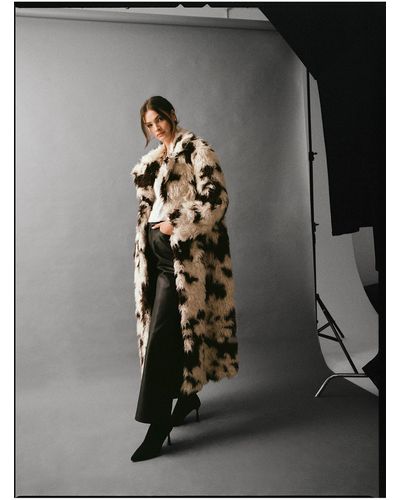 Warehouse Premium Curly Animal Print Fur Coat - Black