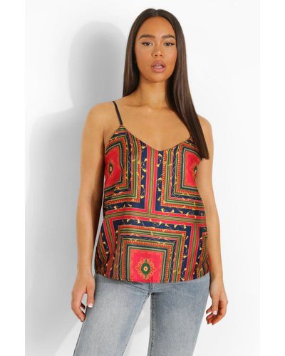 Boohoo Satin Scarf Print Cami Top - Red