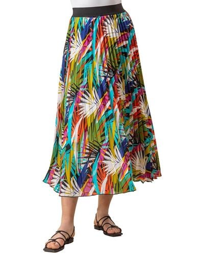 Roman Tropical Leaf Print Pleated Maxi Skirt - Multicolour