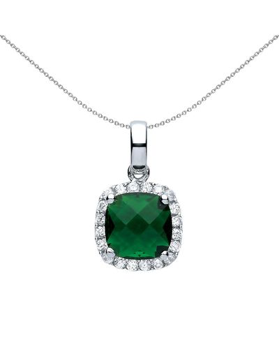 Jewelco London Silver Green Square Cushion Cz Football Stadium Necklace 18"