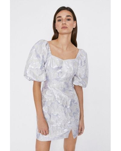 Warehouse Jacquard Puff Sleeve Dress - White