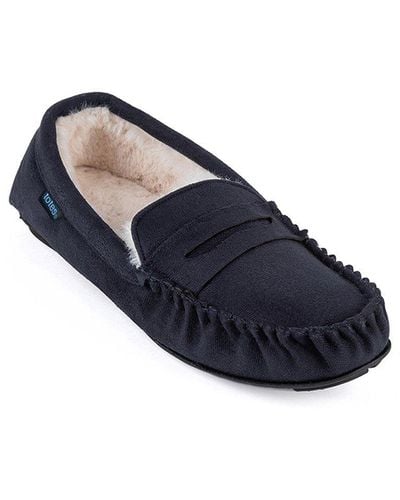 Totes Suedette Moccasin Slippers With Faux Fur Lining - Blue