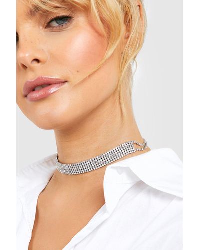 Boohoo Wide Crystal Row Choker Necklace - Natural
