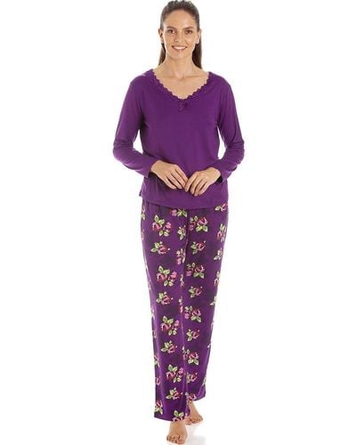 CAMILLE Lightweight Floral Print Spandex Pyjama Set - Purple