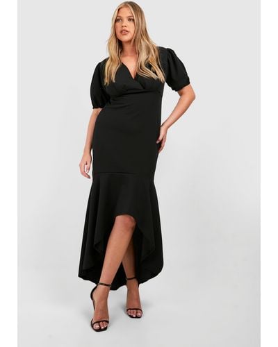 Boohoo Plus Puff Sleeve Fishtail Maxi Dress - Black