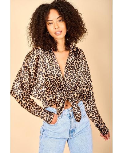 Dancing Leopard Keaton Leopard Print Satin Shirt Soft Button Down Relaxed Fit Top - Brown