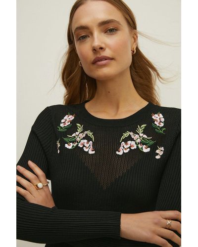 Oasis Embroidered Rib Knitted Dress - Black