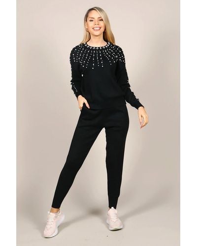 Tenki Co Ord Set Pearl Knitted Tracksuit Loungewear - Black