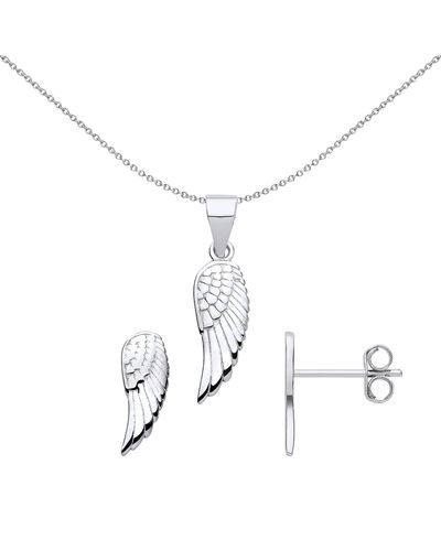Jewelco London Silver Feather Angel Wings Earrings Necklace Set - Gset654 - White