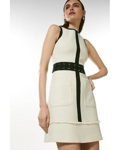 Karen Millen Cotton Tweed Laced Waist A Line Dress - White