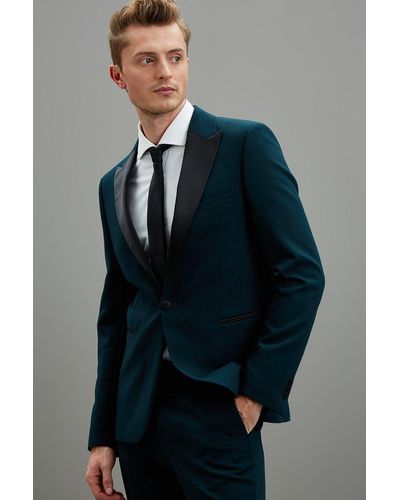 Burton Skinny Fit Satin Green Tuxedo Suit Jacket - Blue