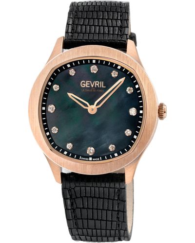 Gevril Morcote Swiss Diamond Black Mop Italian 10057 Leather Swiss Quartz Watch - Metallic