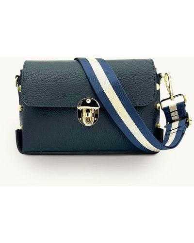 Apatchy London The Bloxsome Navy Leather Crossbody Bag With Navy & Gold Stripe Strap - Blue