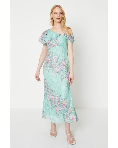 Oasis Sage Floral Asymmetric Frill Satin Burnout Maxi Dress - Blue