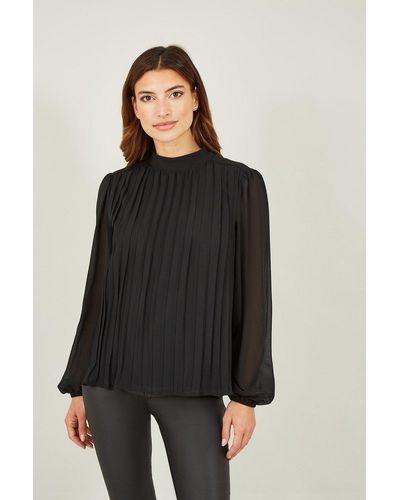 Mela Black Pleated Long Sleeve Top With High Neck